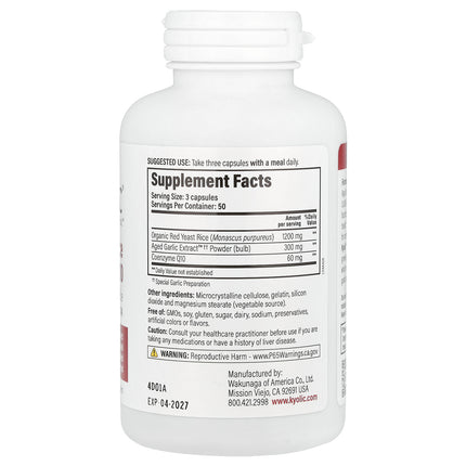 Kyolic Aged Garlic Extract Red Yeast Rice plus CoQ10 Formula 114 capsules bottle - back label with supplement facts and ingredients