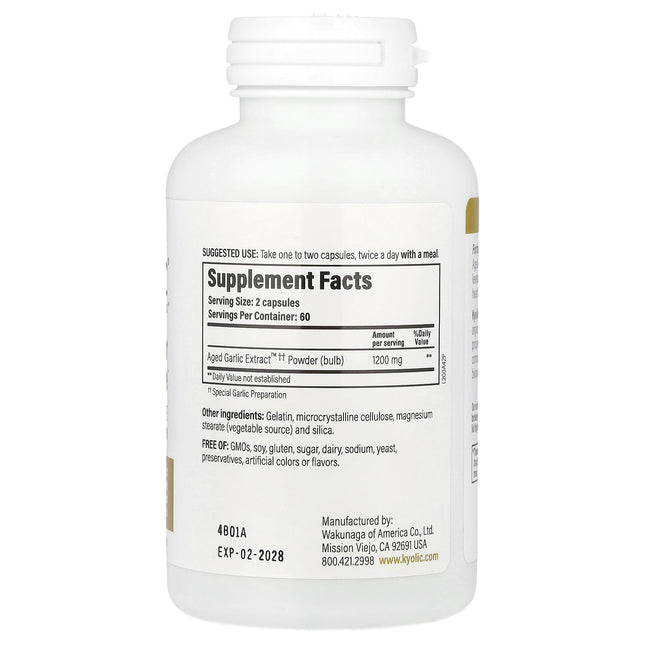 Kyolic Aged Garlic Extract Reserve Formula 200 capsules bottle - back label with supplement facts and ingredients