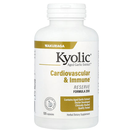 Kyolic Aged Garlic Extract Cardiovascular and Immune Reserve Formula 200 capsules bottle - front of pack
