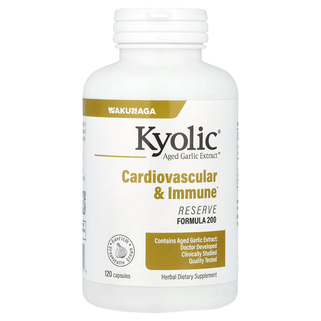 Kyolic Aged Garlic Extract Cardiovascular and Immune Reserve Formula 200 capsules bottle - front of pack