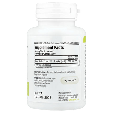 Kyolic Aged Garlic Extract Vegan Formula 300 capsules bottle - back label with supplement facts and ingredients