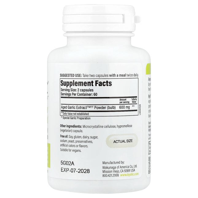 Kyolic Aged Garlic Extract Vegan Formula 300 capsules bottle - back label with supplement facts and ingredients