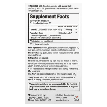 Kyolic Kyo-Dophilus Cran+ Probiotic - back of pack with supplement facts and ingredients