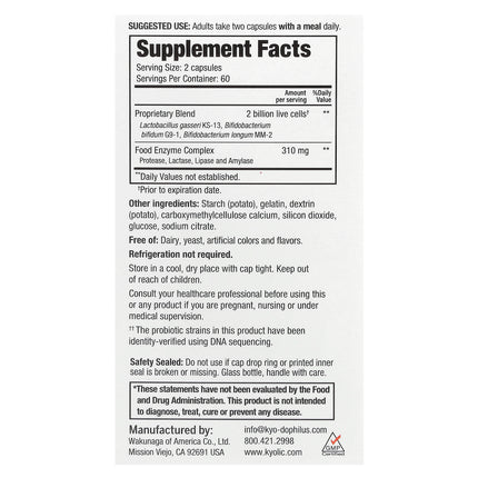 Kyolic Kyo-Dophilus Enzyme+ Probiotic - back of pack with supplement facts and ingredients