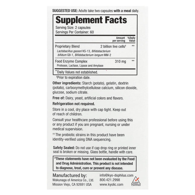Kyolic Kyo-Dophilus Enzyme+ Probiotic - back of pack with supplement facts and ingredients