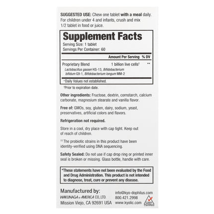 Kyolic Kyo-Dophilus Kids Probiotic Vanilla - back of pack with supplement facts and ingredients