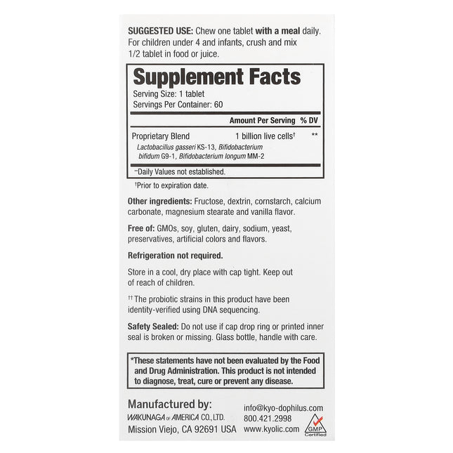 Kyolic Kyo-Dophilus Kids Probiotic Vanilla - back of pack with supplement facts and ingredients