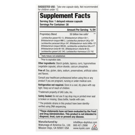 Kyolic Kyo-Dophilus Max Probiotic - back of pack with supplement facts and ingredients