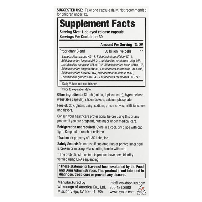 Kyolic Kyo-Dophilus Max Probiotic - back of pack with supplement facts and ingredients