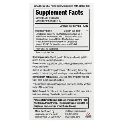 Kyolic Kyo-Dophilus Multi 9 Probiotic - back of pack with supplement facts and ingredients
