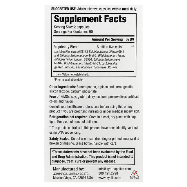 Kyolic Kyo-Dophilus Multi 9 Probiotic - back of pack with supplement facts and ingredients