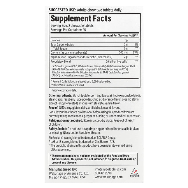 Kyolic Kyo-Dophilus Pro+ Synbiotic Berry Smoothie - back of pack with supplement facts and ingredients