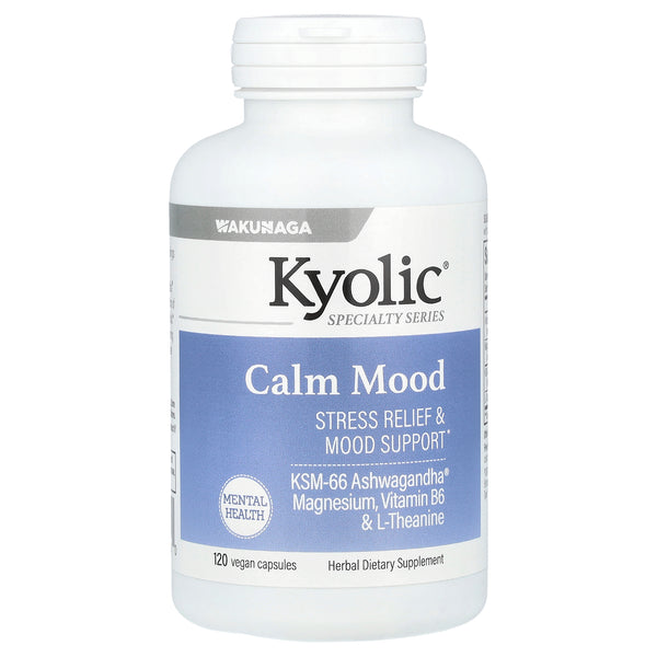 Kyolic Specialty Series Calm Mood ashwagandha and magnesium vegan capsules bottle, front of pack