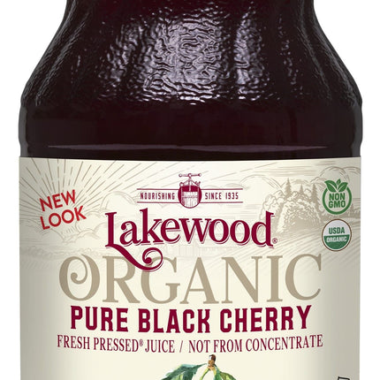 Lakewood Organic Pure Black Cherry juice 946 ml glass bottle, front of label