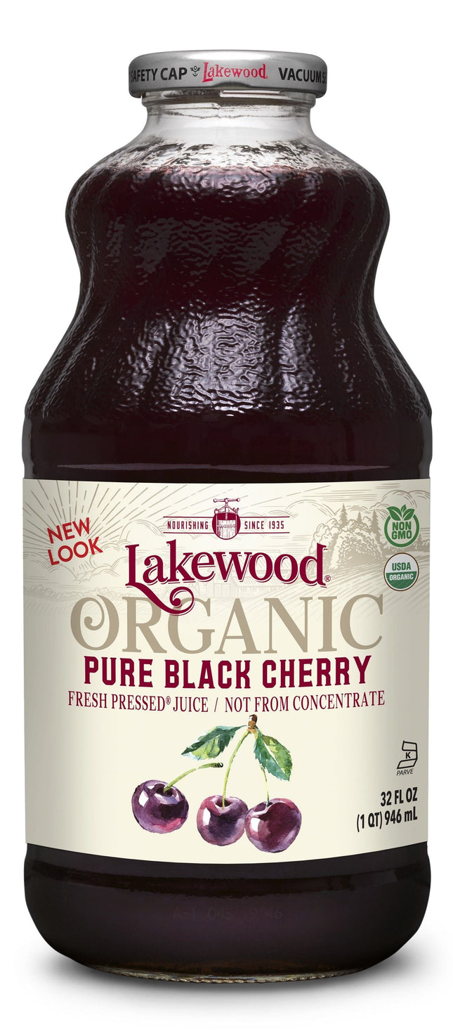 Lakewood Organic Pure Black Cherry juice 946 ml glass bottle, front of label