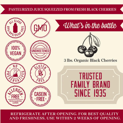 Lakewood Organic Pure Black Cherry juice 946 ml, back label showing ingredients (organic black cherries) and storage