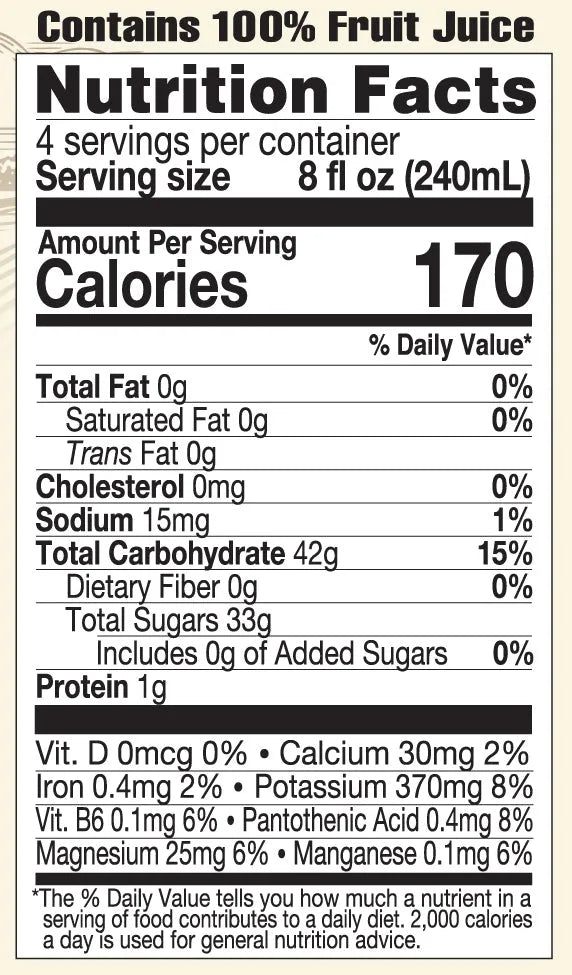 Lakewood Organic Pure Black Cherry juice 946 ml, nutrition facts panel