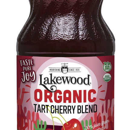 Lakewood Organic Tart Cherry Blend juice 946 ml glass bottle, front of label