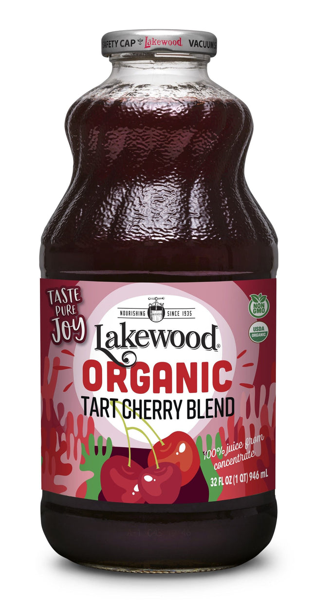 Lakewood Organic Tart Cherry Blend juice 946 ml glass bottle, organic tart cherry juice with apple, pear and grape, front of label