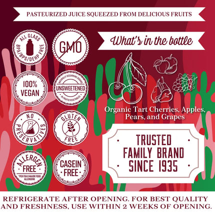 Lakewood Organic Tart Cherry Blend juice 946 ml, back label showing ingredients (tart cherries, apples, pears, grapes) and storage