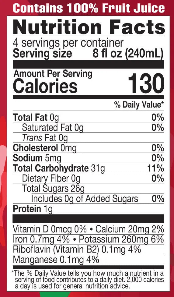 Nutrition facts panel on Lakewood Organic Tart Cherry Blend juice showing 0 g added sugars per 240 ml serving