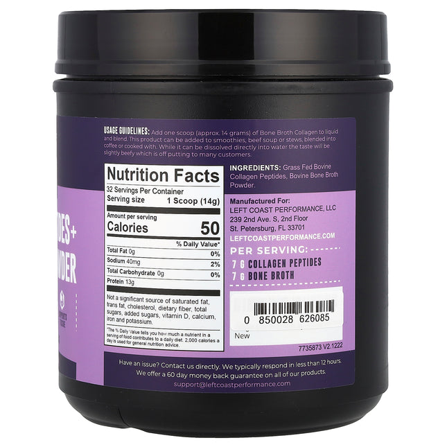 Left Coast Performance Collagen Peptides + Bone Broth Powder - Back label with supplement facts and ingredients