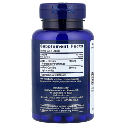 Life Extension Acetyl-L-Carnitine Arginate 90 Capsules - back label with supplement facts and ingredients