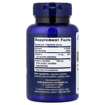 Life Extension Acetyl-L-Carnitine 100 Vegetarian Capsules - back label with supplement facts and ingredients