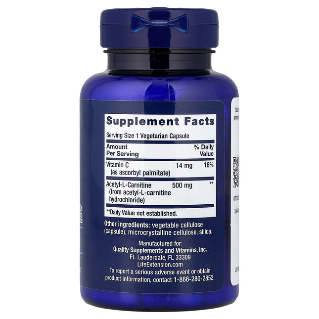 Life Extension Acetyl-L-Carnitine 100 Vegetarian Capsules - back label with supplement facts and ingredients
