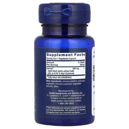 Life Extension Aged Black Garlic 30 Vegetarian Capsules - back label with Supplement Facts