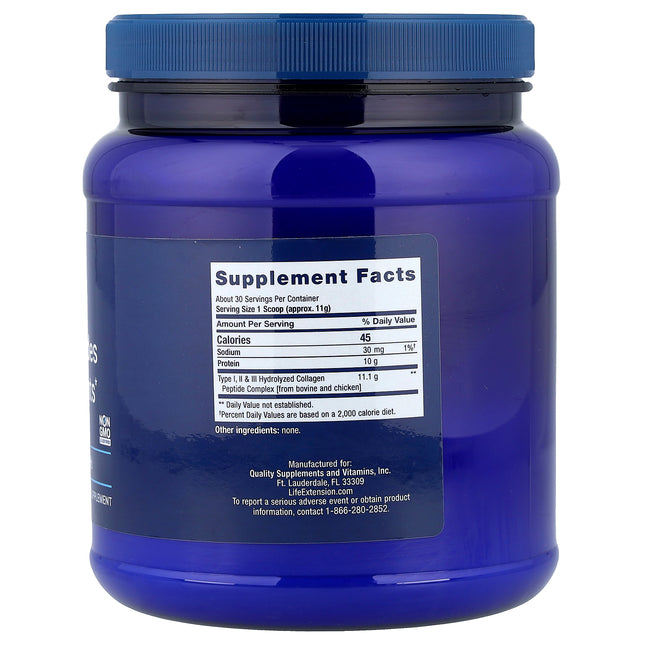 Life Extension Collagen Peptides, For Skin & Joints - Back label with supplement facts and ingredients