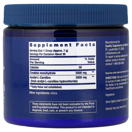 Life Extension Creatine & Acetyl-L-Carnitine, Energy Plus 233 g (0.51 lb) - back label with supplement facts and ingredients