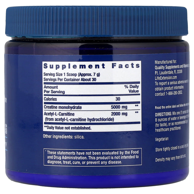 Life Extension Creatine & Acetyl-L-Carnitine, Energy Plus 233 g (0.51 lb) - back label with supplement facts and ingredients