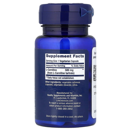 Life Extension L-Carnitine, 500 mg 30 Vegetarian Capsules - back label with supplement facts and ingredients