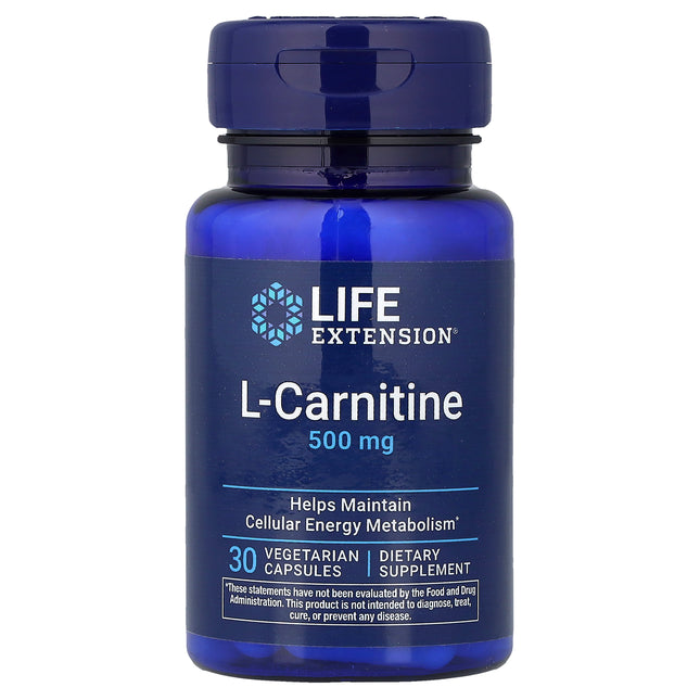Life Extension L-Carnitine, 500 mg 30 Vegetarian Capsules - front of pack