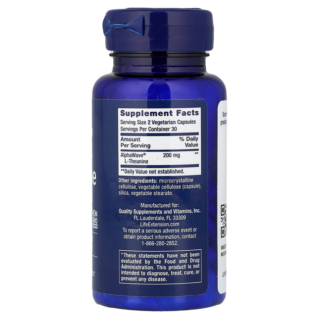 Life Extension L-Theanine, 60 Vegetarian Capsules (100 mg per Capsule) - supplement facts and ingredients label