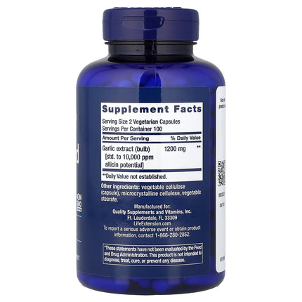 Life Extension Optimised Garlic 200 Vegetarian Capsules - back label with Supplement Facts