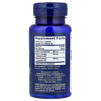 Life Extension Optimized Carnitine 60 Capsules - back label with supplement facts and ingredients