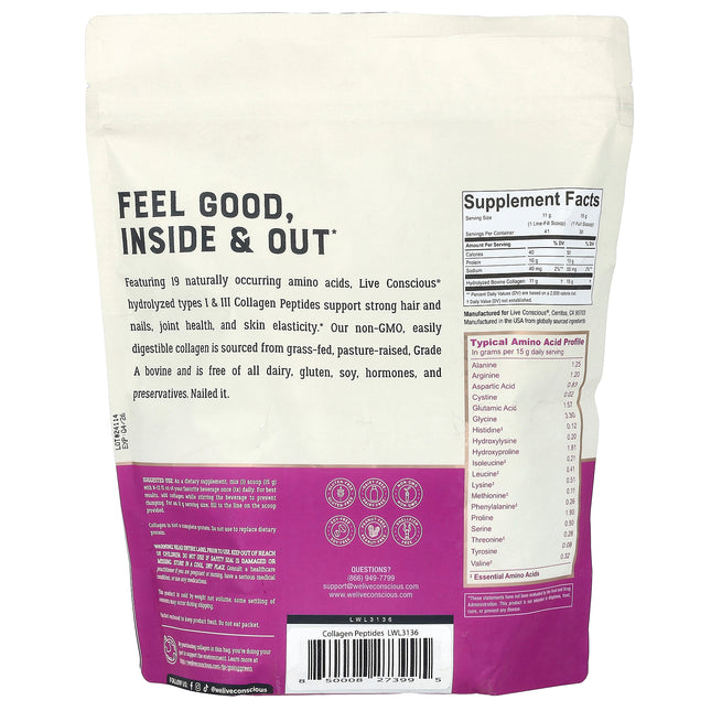 Live Conscious Collagen Peptides, Unflavoured - Back label with supplement facts and ingredients