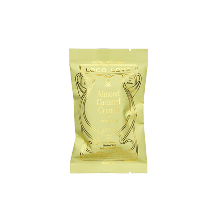 Single 35g Loco Love vegan almond caramel crunch bar in gold foil pack
