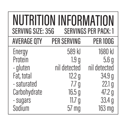 Loco Love Butter Caramel Pecan bar nutrition information panel, per serving and per 100g