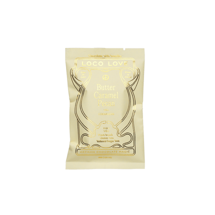 Single 35g Loco Love vegan butter caramel pecan bar in gold foil pack