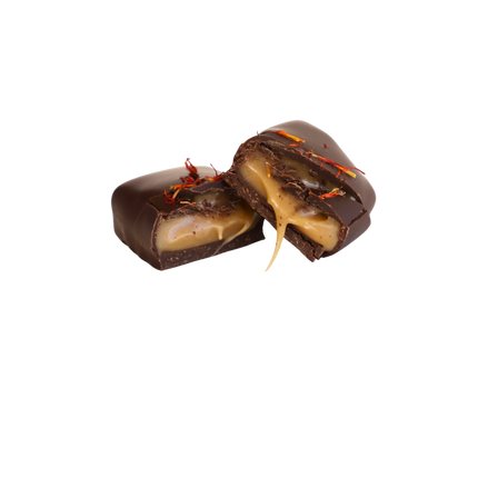 Cut-open chocolate bar showing gooey vegan caramel centre