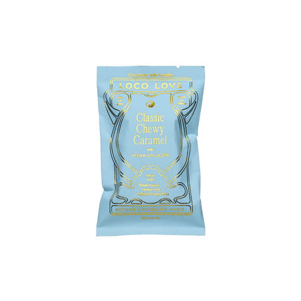 Single 35g Loco Love vegan chewy caramel chocolate bar in blue foil pack