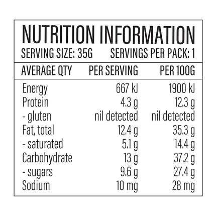 Loco Love Peanut Butter Caramel bar nutrition information panel, per serving and per 100g