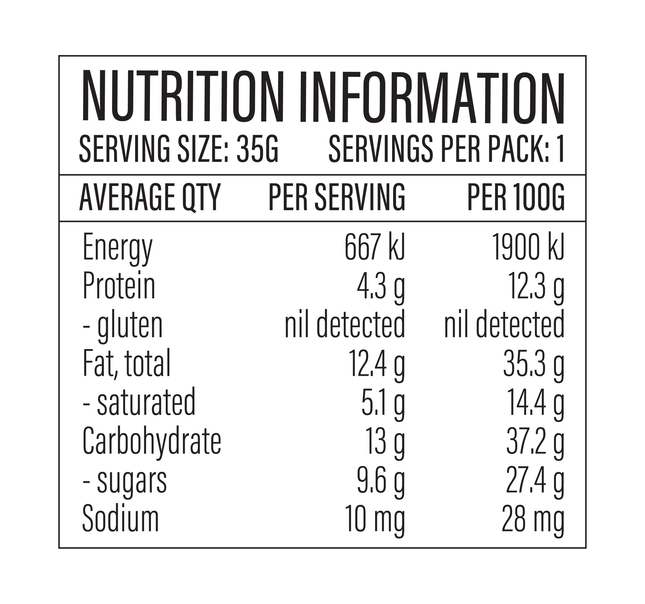 Loco Love Peanut Butter Caramel bar nutrition information panel, per serving and per 100g