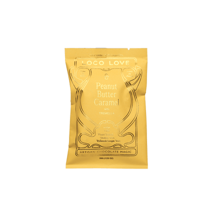 Single 35g Loco Love vegan peanut butter caramel bar in gold foil pack