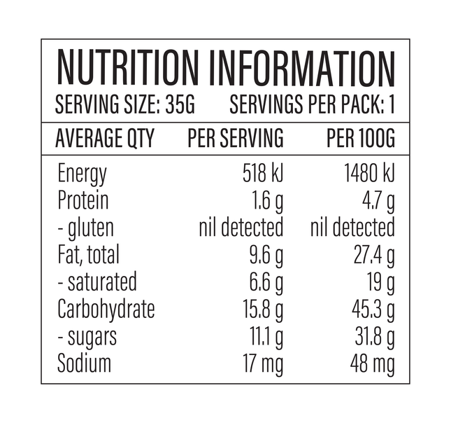 Loco Love Salted Caramel Shortbread bar nutrition information panel, per serving and per 100g