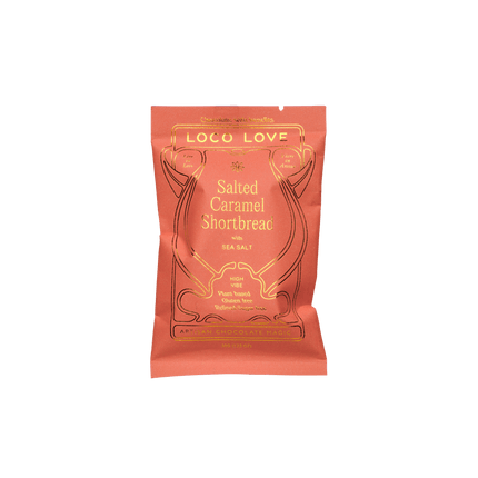 Single 35g Loco Love vegan salted caramel shortbread bar in coral foil pack
