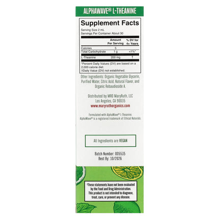 MaryRuth's L-Theanine Liquid Drops, Lemon Lime, 2 fl oz (60 ml) - supplement facts and ingredients label
